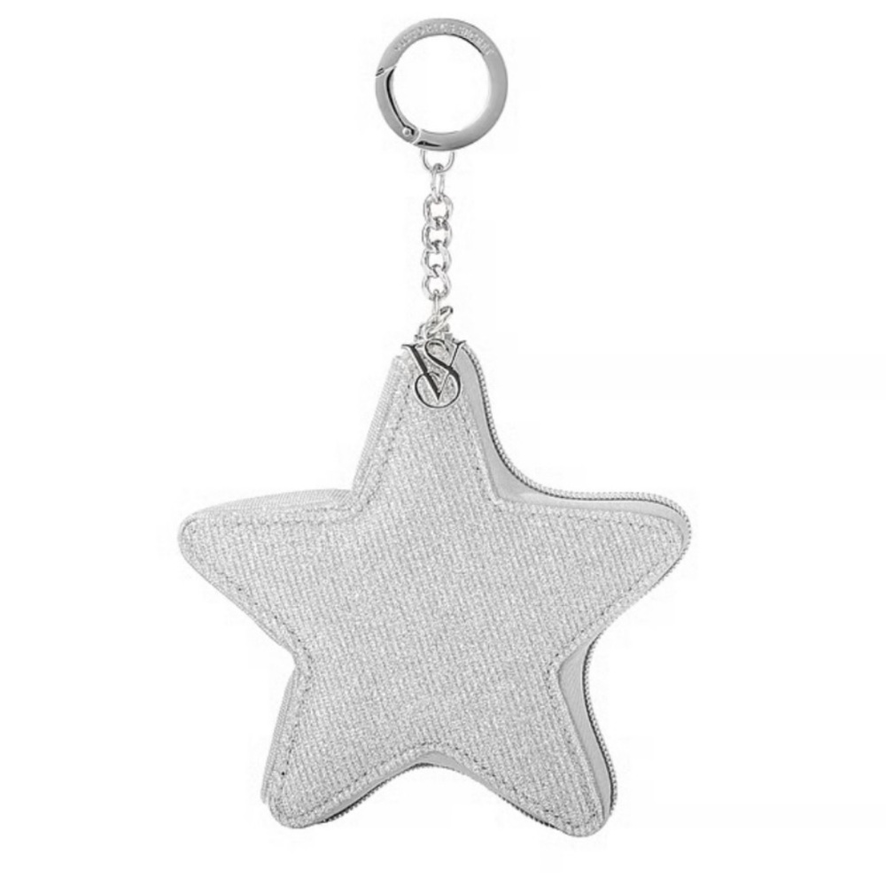 Victoria’s Secret Silver Sparkle Star Pouch Keychain Logo Full Zip Coin Purse